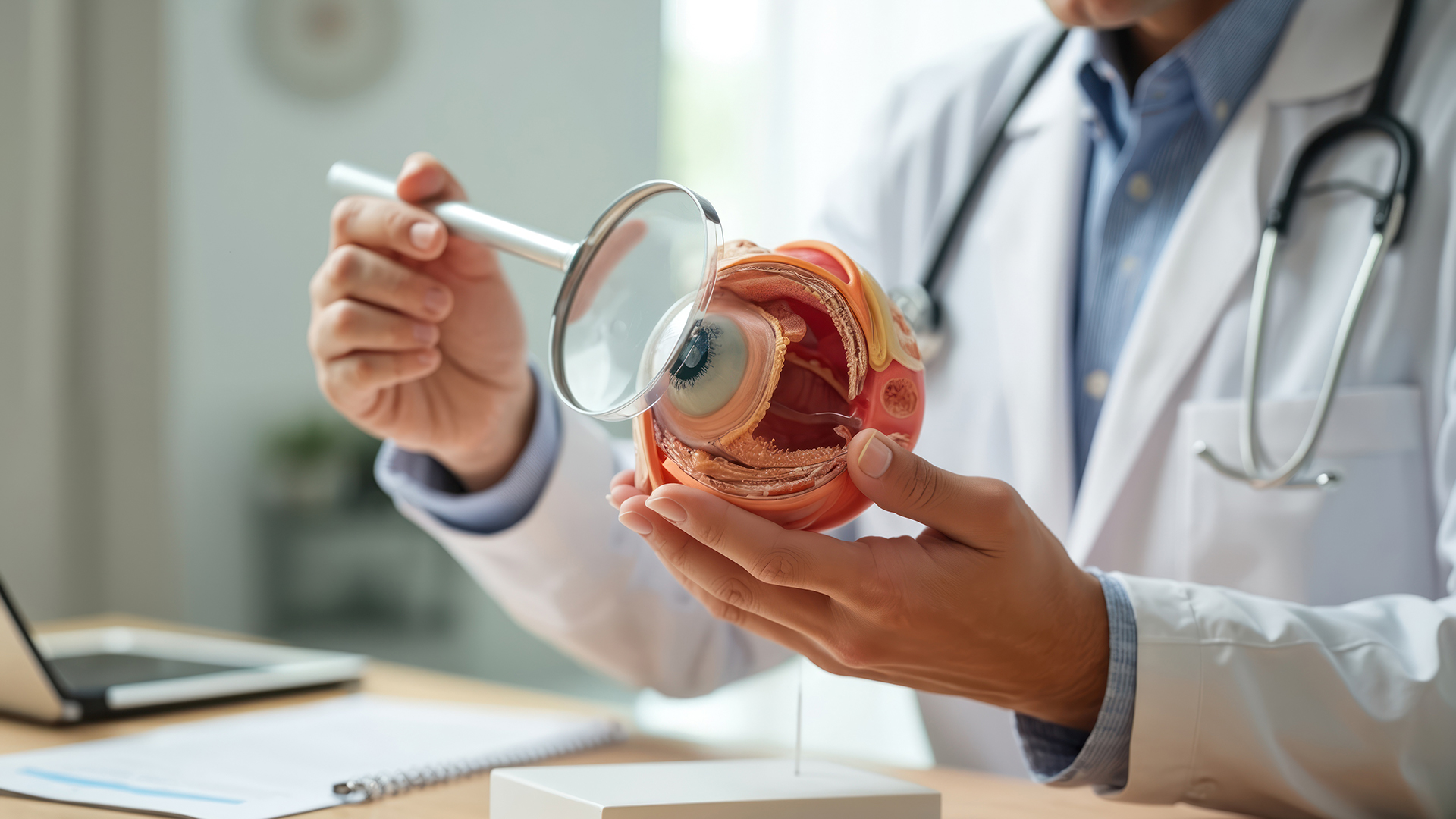 Doctor examines eye anatomy model using magnifying glass. Ophtalmologist uses visual aid studying eye. Eye disease concept. Refractive errors vision healthcare.