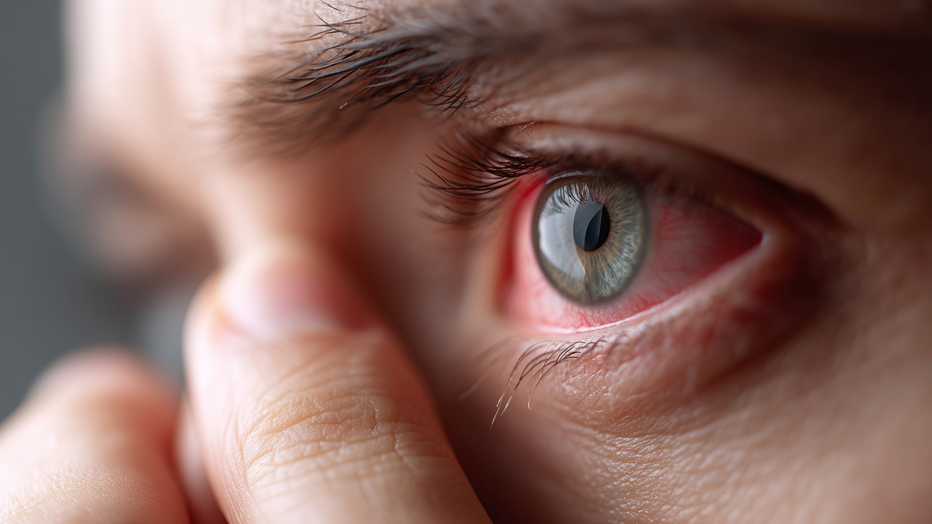 Close-up of man rubbing reddened eye, experiencing discomfort fr